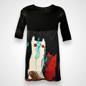 Reborn Knit Dress Black with Abstract Print Fit Flare Women's XL Lace Bodice